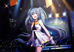  2019 :d anniversary bare_shoulders black_shirt blue_hair character_name commentary english_commentary female fen_renlei gloves glowstick green_eyes hair_between_eyes hair_ornament happy_birthday hatsune_miku holding holding_microphone long_hair looking_away microphone open_mouth photoshop_(medium) pleated_skirt shirt short_shorts shorts skirt sleeveless sleeveless_shirt smile solo stage stage_lights teeth twintails upper_teeth_only very_long_hair vocaloid watermark white_gloves white_shorts white_skirt 