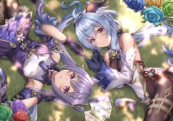  2girls ahoge bare_shoulders bell blue_hair blush breasts cone_hair_bun ganyu_(genshin_impact) genshin_impact hair_bun hair_ornament horns keqing_(genshin_impact) large_breasts long_hair looking_at_viewer medium_breasts multiple_girls purple_eyes purple_hair swept_bangs twintails yuririn_poi 