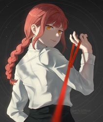  39daph braid braided_ponytail chainsaw_man collared_shirt female grey_background holding holding_leash leash looking_at_viewer looking_back makima_(chainsaw_man) medium_hair pov red_hair ringed_eyes shirt shirt_tucked_in sidelocks simple_background smile solo twitter_username viewer_on_leash white_shirt yellow_eyes 