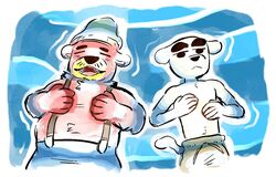  2020 animal_crossing anthro belly black_nose canid canine canis closed_eyes clothing domestic_dog duo fur hat headgear headwear k.k._slider lying male mammal mikecatsu mustelid nintendo otter overweight overweight_male pascal_(animal_crossing) red_body white_body white_fur 