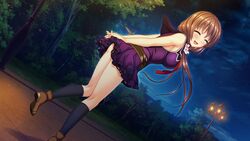  :d ^_^ arms_behind_back black_legwear blush breasts brown_footwear brown_hair closed_eyes dress dutch_angle female floating_hair game_cg hair_over_shoulder kneehighs leaning_forward long_hair looking_at_viewer looking_back low_twintails medium_breasts muutsuki night official_art open_mouth outdoors purple_dress sailor_dress shiny shiny_hair shirasaki_natsu short_dress sleeveless sleeveless_dress smile solo twintails unjou_no_fairy_tale very_long_hair 