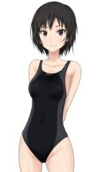  amagami arms_behind_back bare_shoulders black_hair black_one-piece_swimsuit brown_eyes collarbone commentary competition_swimsuit cowboy_shot female groin light_blush looking_at_viewer nanasaki_ai one-piece_swimsuit shizupu short_hair simple_background smile solo swimsuit two-tone_swimsuit v_arms wet white_background 