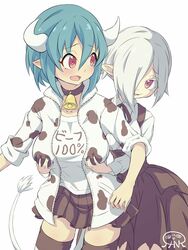  2girls absurdres animal_print bell black_skirt blue_hair blush breasts collar collarbone commentary_request cow_girl cow_horns cow_print cow_tail grabbing grabbing_another&#039;s_breast grabbing_from_behind highres horns jacket jashin-chan_dropkick jihanki_(kunicho_gt) large_breasts miniskirt minos_(jashin-chan_dropkick) multiple_girls neck_bell oerba_yun_fang open_mouth persephone_ii pleated_skirt pointy_ears red_eyes short_hair simple_background skirt small_breasts smile tail thighhighs track_jacket white_background white_hair yuri 