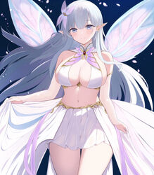  albion_(azur_lane) azur_lane bare_shoulders blue_eyes breasts collar commentary_request commission fairy_wings female halterneck highres large_breasts light_blush light_purple_hair light_smile long_hair looking_at_viewer midriff navel pixiv_commission pointy_ears revealing_clothes sa_(nax49) sideboob skirt solo stomach thighs very_long_hair white_skirt wings 