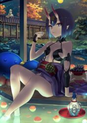  2girls alcohol bare_shoulders bob_cut bottle breasts bridal_gauntlets collarbone eyeliner fate/grand_order fate_(series) food fruit full_moon gourd grapes headpiece highres horns ibaraki_douji_(fate) japanese_clothes kaze_minoru_so-ru kimono looking_at_viewer makeup moon multiple_girls night night_sky obi off_shoulder oni peach petite pointy_ears purple_eyes purple_hair purple_kimono revealing_clothes sake sash short_hair shuten_douji_(fate) sitting skin-covered_horns sky small_breasts solo_focus tree water 