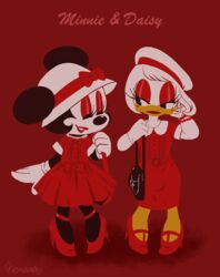  1920s 2016 alternate_costume anatid anseriform anthro avian beak bird closed_eyes clothing daisy_duck disney dress duck duo eyeshadow female female/female footwear gloves handwear high_heels lipstick makeup mammal minnie_mouse mouse murid murine nonananana red_theme retro rodent shoes signature warm_colors 