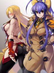  2girls antenna_hair arc_system_works ass backless_outfit black_legwear blazblue blonde_hair blush bow breasts clenched_teeth closed_eyes coat company_connection cosplay costume_switch fingerless_gloves gloves guilty_gear guilty_gear_strive halterneck large_breasts long_hair mai_natsume mai_natsume_(cosplay) millia_rage millia_rage_(cosplay) multiple_girls purple_eyes red_eyes red_gloves revealing_clothes sideboob smile sowel_(sk3) standing teeth very_long_hair yellow_bow 