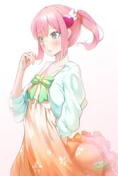  arm_behind_back bad_id bad_pixiv_id blush bow chiyoda_momo collarbone commentary_request dress female floating_hair floral_print food-themed_hair_ornament from_side green_bow green_jacket hair_ornament hair_up highres jacket machikado_mazoku orange_dress parted_lips peach_hair_ornament ponytail raised_eyebrows semino_hazuki sidelocks simple_background solo twirling_hair white_background wing_hair_ornament 