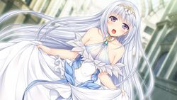  bangs blurry blurry_background blush collarbone covered_navel day diadem dress eyebrows_visible_through_hair female floating_hair game_cg hair_between_eyes long_dress long_hair muutsuki official_art open_mouth outdoors purple_eyes silver_hair skirt_hold sleeveless sleeveless_dress solo standing tokiwagi_yuki unjou_no_fairy_tale very_long_hair white_dress 