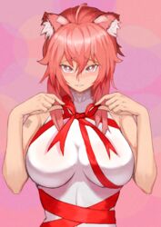  absurdres ahoge animal_ear_fluff animal_ears arknights barcode barcode_tattoo blush bonanza_(naitou890) breasts bright_pupils female gravel_(arknights) hair_between_eyes highres large_breasts looking_at_viewer mouse_ears mouse_girl pink_background pink_eyes pink_hair red_ribbon ribbon shirt shoulder_tattoo simple_background solo tattoo upper_body white_pupils white_shirt 