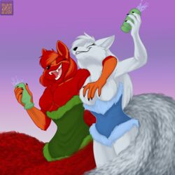  1:1 2023 alcohol anthro beverage black_nose breasts canid canine closed_eyes clothed clothing dreamspinner dress duo exposed_breasts featureless_breasts female fox foxenawolf fur gradient_background hair krinele_fullin mammal molly_fullin open_mouth red_body red_fur red_hair simple_background tail white_body white_fur white_hair 