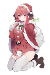  anna_(ikeuchi_tanuma) bag belt black_belt black_bow blunt_bangs blush boots bow brown_footwear capelet christmas closed_mouth commentary dress dress_tug embarrassed eyelashes female frown full_body fur-trimmed_capelet fur_trim green_ribbons hairbow hat highres holding holding_bag ikeuchi_tanuma kneeling legs_together long_hair looking_at_viewer original pom_pom_(clothes) purple_eyes red_hair ribbon sack santa_capelet santa_costume santa_dress santa_hat sidelocks simple_background sleeve_bow solo star_(symbol) sweatdrop thighhighs thighs tsurime twitter_username v-shaped_eyebrows white_background white_bow white_thighhighs 