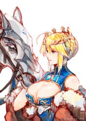  ahoge arm_at_side armored_animal artoria_pendragon_(fate) artoria_pendragon_(lancer)_(fate) bare_shoulders blonde_hair blue_leotard braid braided_bun breasts cape cleavage cleavage_cutout closed_mouth clothing_cutout commentary crown dun_stallion_(fate) fate/grand_order fate_(series) female fur-trimmed_cape fur_trim gold_trim green_eyes hair_between_eyes hair_bun hand_up horse itou_misei large_breasts leotard looking_at_animal petting red_cape simple_background sleeveless sleeveless_turtleneck_leotard smile solo turtleneck turtleneck_leotard twitter_username upper_body white_background 