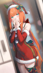  alternate_costume animal_ear_headwear animal_ears aqua_eyes bare_shoulders blunt_bangs blurry blurry_background blush christmas closed_mouth commentary_request detached_sleeves dress emyo fake_animal_ears female fur-trimmed_dress fur_trim hat highres horse_ears horse_girl horse_tail long_hair looking_at_viewer orange_hair pom_pom_(clothes) red_dress red_hat santa_hat silence_suzuka_(umamusume) sleeveless sleeveless_dress snowing solo tail thigh_strap umamusume 