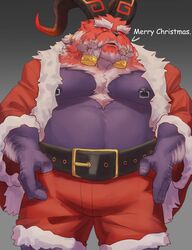  2023 anthro arm_hair barazoku beard belly belt big_muscles body_hair bottomwear bovid braided_beard caprine christmas christmas_clothing clothed clothing coat costume demigod dialogue english_text eyebrows facial_hair fur grey_background hi_res holiday_message holidays horn huge_muscles league_of_legends lhjal2 looking_at_viewer male mammal musclegut muscular muscular_anthro muscular_male nipple_piercing nipple_ring nipples open_clothing open_coat open_topwear ornn_(lol) pecs piercing quadrilateral_nipple_piercing ring_piercing riot_games santa_costume shorts simple_background solo standing talking_to_viewer tencent text topwear tuft 