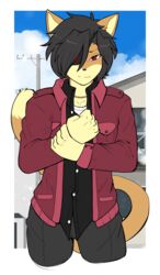  alpha_channel anthro biped black_hair clothed clothing dipstick_tail domestic_cat eye_patch eyewear felid feline felis hair hi_res male mammal markings munkeesgomu munks_(munkeesgomu) solo tail tail_markings 