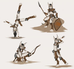  anthro axe bow_(weapon) crouching ear_piercing ear_ring felid feline female group hi_res hiros_(spectronic) lynx male mammal melee_weapon mira_(spectronic) piercing polearm ranged_weapon ring_piercing shield sitting spear spectronic standing_on_one_hand stretching weapon 