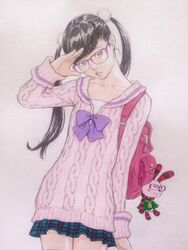  backpack bag black_hair bow cowboy_shot female glasses green_skirt hair_ornament hand_up knit_sweater kubonouchi_eisaku long_hair long_sleeves miniskirt original pink-framed_eyewear pink_bag pink_eyes pink_shirt plaid plaid_skirt pom_pom_(clothes) purple_bow shirt simple_background skirt solo stuffed_animal stuffed_rabbit stuffed_toy sweater swept_bangs traditional_media twintails white_background 