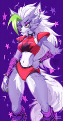  2023 absurd_res alternative_fashion anthro arm_warmers armwear bottomwear bracelet breasts canid canine canis clothed clothing collar digital_media_(artwork) ear_piercing ear_ring eyelashes eyeshadow female fingers five_nights_at_freddy&#039;s five_nights_at_freddy&#039;s:_security_breach fluffy fluffy_tail front_view glamrock green_hair hair hand_on_hip hi_res highlights_(coloring) hotpants jewelry leg_warmers legwear lipstick long_hair makeup mammal midriff piercing potatokamaos purple_eyeshadow purple_lipstick ring_piercing roxanne_wolf scottgames shorts shoulder_pads solo spiked_bracelet spiked_collar spikes steel_wool_studios tail topwear white_hair wolf 