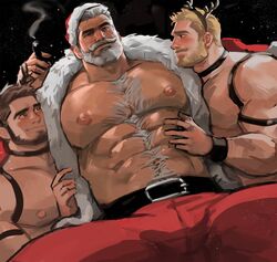  abs antlers arm_hair bara bare_pectorals beard blonde_hair blush boy_sandwich chest_hair christmas cigar dopey_(dopq) facial_hair feeling_muscles from_below full_beard hairy hand_on_another&#039;s_stomach highres horns large_pectorals male_focus mature_male muscular muscular_male navel navel_hair nipples original pectorals reindeer_antlers sandwiched santa_claus santa_costume short_hair smoke solo_focus spread_legs strongman_waist thick_beard thick_chest_hair thick_eyebrows thick_thighs thighs wavy_mouth yaoi 