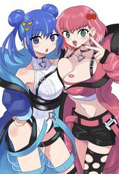  2girls absurdres asymmetrical_docking belt blue_eyes blue_hair breast_press breasts chest_belt cleavage coat cropped_vest double_bun duel_monster evil_twin_ki-sikil evil_twin_lil-la green_eyes hair_bun highres jacket ki-sikil_(yu-gi-oh!) large_breasts lil-la_(yu-gi-oh!) lipstick_mark looking_at_viewer multiple_girls official_alternate_costume open_mouth pink_belt pink_coat pink_hair short_hair smile vest wadatsumi_(sense11531153) yu-gi-oh! 