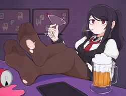  beer_mug black_hair black_skirt black_vest brown_pantyhose cellphone cigarette cocktail_glass collared_shirt commentary crossed_legs cup drinking_glass english_commentary feet feet_on_table female foot_focus foreshortening hand_up highres holding holding_cup indoors jill_stingray juliet_sleeves long_hair long_sleeves looking_at_viewer mug necktie no_shoes pantyhose phone puffy_sleeves purple_background red_eyes red_necktie shadow shirt sitting skirt smartphone smoke smoking softhanten soles solo swept_bangs toes torn_clothes torn_pantyhose va-11_hall-a vest 