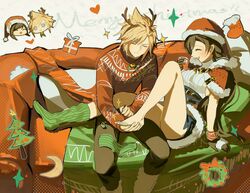  1boy antlers applying_pedicure arm_support backless_outfit black_hair blonde_hair blue_eyes box breasts capelet chibi chibi_inset christmas christmas_present christmas_sweater christmas_tree closed_eyes cloud_strife commentary couch couple crescent_moon cup dress drinking_glass duoj_ji fake_antlers female final_fantasy final_fantasy_vii final_fantasy_vii_ever_crisis final_fantasy_vii_remake full_body fur-trimmed_capelet fur-trimmed_headwear fur-trimmed_skirt fur_trim gift gift_box green_nails green_socks hat heart highres holding holding_another&#039;s_foot holding_cup horns knee_up long_hair medium_breasts merry_christmas miniskirt moon nail_polish official_alternate_costume red_capelet red_sweater reindeer_antlers santa_dress santa_hat single_bare_leg single_barefoot single_sock single_sock_removed sitting skirt smile socks sparkle spiked_hair straight sweater tifa_lockhart tifa_lockhart_(fairy_of_the_holy_flame) turtleneck turtleneck_sweater white_sweater 