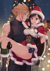  1boy befirst_b black_hair blonde_hair blue_eyes blue_sweater blurry blurry_background blush boots box breasts capelet carrying christmas christmas_lights christmas_present christmas_tree cloud_strife couple earrings female final_fantasy final_fantasy_vii final_fantasy_vii_ever_crisis final_fantasy_vii_remake fur-trimmed_boots fur-trimmed_capelet fur-trimmed_gloves fur-trimmed_headwear fur-trimmed_skirt fur_trim gift gift_box gloves green_socks hair_ornament hat highres holly_hat_ornament jewelry large_breasts long_hair looking_at_another low-tied_long_hair miniskirt night official_alternate_costume pom_pom_(clothes) pom_pom_hair_ornament princess_carry red_capelet red_eyes ribbed_sweater santa_hat skirt sleeveless sleeveless_turtleneck socks spiked_hair straight stud_earrings suspenders sweater thighs tifa_lockhart tifa_lockhart_(fairy_of_the_holy_flame) turtleneck turtleneck_sweater white_sweater 