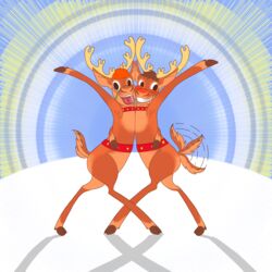  1:1 2023 absurd_res anthro antlers arm_around_waist blue_sky blush brown_body brown_fur brown_hair brown_hooves christmas clenched_teeth deer digital_media_(artwork) duo excited eyelids fur hair happy harness hi_res holidays hooves horn hug long_ears looking_at_viewer looking_away male male/male mammal motion_lines new_world_deer open_mouth orange_hair pose raised_arm red_harness reindeer schreckengast shaded shadow simple_background sky smile snow spot&#039;s_magical_christmas spot_the_dog_(series) studded_harness studs tail tail_motion tailwag tan_body tan_fur tan_tail teeth tongue 