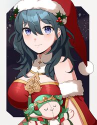  bare_shoulders black_hair blue_eyes breasts brooch byleth_(female)_(fire_emblem) byleth_(female)_(frosty_professor)_(fire_emblem) byleth_(fire_emblem) character_doll christmas cleavage doll female fire_emblem fire_emblem:_three_houses fire_emblem_heroes gmais2514 hat highres holding holding_doll jewelry large_breasts looking_at_viewer official_alternate_costume santa_costume santa_hat smile solo sothis_(fire_emblem) sothis_(winter)_(fire_emblem) upper_body 