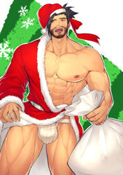  1boy abs alternate_costume bara bare_pectorals beard beard_stubble black_hair christmas facial_hair feet_out_of_frame full_beard hanzo_(overwatch) hat highres hunterkay large_pectorals male_focus mature_male muscular muscular_male nipples no_tattoo overwatch overwatch_1 pectorals red_hat sack santa_costume santa_hat short_hair shy solo standing stomach stubble thick_eyebrows thick_thighs thighs 