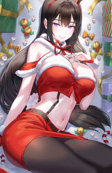  bell belt black_belt black_hair black_pantyhose blush box breasts christmas cleavage female gift gift_box hairband highres jingle_bell kfr large_breasts long_hair looking_at_viewer mole mole_on_breast navel neck_ribbon original pantyhose purple_eyes red_hairband red_ribbon red_skirt ribbon sitting skirt solo suspenders 