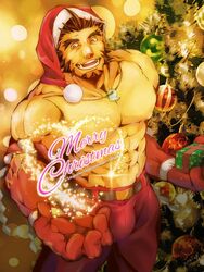  1boy abs alternate_costume bara black_hair blush bulge christmas christmas_tree forked_eyebrows from_above hat highres jewelry large_hands large_pectorals magatama magatama_necklace magic male_focus merry_christmas muscular muscular_male mutton_chops navel necklace nipples pants pectorals reaching reaching_towards_viewer red_hat santa_costume santa_hat short_hair solo sparse_chest_hair stomach tajikarao_(housamo) thick_eyebrows tokyo_afterschool_summoners topless_male tusks yoshiyuki_(nein69yoshiyuki) 