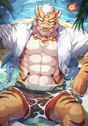  1boy abs animal_ears animal_print bara blue_eyes english_commentary furry furry_male innertube lin_hu_(nekojishi) looking_at_viewer male_focus nekojishi palm_leaf pectorals ponzu_tas scar scar_on_face scar_on_nose swim_ring swimsuit tiger_boy tiger_ears tiger_print water 