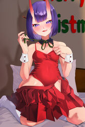  absurdres bare_shoulders breasts eyeliner fate/grand_order fate_(series) female highres horns kneehighs leotard looking_at_viewer makeup oni petite purple_eyes purple_hair red_leotard red_skirt short_hair shuten_douji_(fate) skin-covered_horns skirt small_breasts smile socks solo terasako 