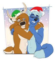  absurd_res anthro antlers black_nose blue_body blue_eyes blue_fur brown_body brown_fur canid canine canis christmas christmas_clothing christmas_headwear closed_eyes clothing deer duo ear_piercing ear_ring ewan_j._redding eyewear femboy fur glasses hair hat headgear headwear hi_res holidays horn hug kwik_(artist) long_hair male male/male mammal multicolored_body multicolored_fur new_world_deer piercing ring_piercing santa_hat simple_background smile snow two_tone_body two_tone_fur white-tailed_deer white_body white_fur wolf 