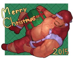  1boy 2015 arm_hair bara bare_pectorals black_hair bulge chest_hair christmas dark-skinned_male dark_skin dated facial_hair full_body hairy hat highres large_pectorals leg_hair looking_at_viewer looking_to_the_side male_focus mature_male muscular muscular_male navel navel_hair nipples original pectorals plump red_hat ryker santa_costume santa_hat short_hair smile solo stomach thick_eyebrows 