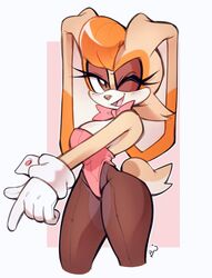  animal_ears bad_id bad_twitter_id bow bowtie eyelashes female furry furry_female gloves highleg highleg_leotard highres kaijumilk_(milkchaotea) leotard looking_at_viewer one_eye_closed pantyhose pink_bow pink_bowtie rabbit_ears rabbit_girl rabbit_tail sonic_(series) tail vanilla_the_rabbit white_gloves 