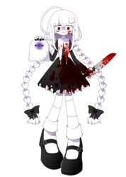  black_bow black_dress black_footwear black_nails blood blood_on_clothes blood_on_dress blood_on_face blood_on_knife blood_on_weapon bow braid colored_skin dress female funamusea funamusea_(artist) ghost ghost_hair_ornament gothic_lolita hair_ornament hairbow highres holding holding_knife holding_weapon indie_virtual_youtuber knife lolita_fashion mochiko_(funamusea) nail_polish official_art red_eyes sandals socks solo stitched_hand stitched_leg stitches transparent_background virtual_youtuber weapon white_hair white_skin 