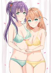  2girls aqua_eyes bare_arms bare_shoulders bra breasts cerise_bouquet cleavage collarbone comiket_103 commentary_request flower green_bra green_eyes green_panties groin hair_between_eyes hair_bun hair_flower hair_ornament hand_on_another&#039;s_shoulder highres hinoshita_kaho link!_like!_love_live! long_hair love_live! medium_breasts morerin multiple_girls navel one_side_up orange_hair otomune_kozue panties petals purple_hair rabbit_hair_ornament red_flower single_hair_bun underwear underwear_only virtual_youtuber yellow_bra yellow_panties yuri 