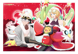  1boy aged_up bare_shoulders black_hair blonde_hair border candy candy_cane closed_eyes closed_mouth commentary eyewear_on_head female food glasses gloves hat highres hisuian_zorua hydrapple jcstr long_hair ogerpon on_lap pikachu pokemon pokemon_(anime) pokemon_(creature) pokemon_on_lap red_headwear round_eyewear santa_hat satoshi_(pokemon) serena_(pokemon) short_hair sitting smile white_border 