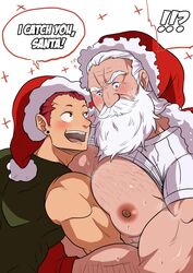  !? 2boys age_difference arm_hair bara bare_pectorals beard blush chest_hair christmas clothes_lift ducka98 english_text facial_hair from_side hat head_tilt highres large_pectorals long_beard male_focus mature_male moustache multiple_boys muscular muscular_male old old_man original pectoral_lift pectorals red_hair red_headwear sanpaku santa_costume santa_hat shirt_lift short_hair sparse_chest_hair starry_background surprise_hug surprised sweat thick_eyebrows thick_mustache upper_body white_hair wrinkled_skin yaoi 