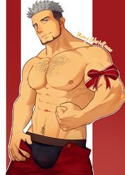  1boy abs arm_ribbon bad_id bad_twitter_id bara beard biceps black_male_underwear boxer_briefs chest_hair closed_mouth clothes_pull collarbone crave_saga facial_hair flexing grey_hair hidora_art highres light_smile looking_at_viewer male_focus male_underwear mature_male merry_christmas navel_hair nipples orange_hair pants pants_pull pectorals red_pants ribbon short_hair solo sparse_chest_hair sparse_navel_hair tagmard_(crave_saga) topless_male undercut underwear 