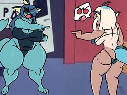  anthro ass barefoot big_breasts bikini bikini_bottom bikini_top blonde_hair blue_body blue_hair blue_tail breasts chubby_female clothing eeveelution feet female fin generation_1_pokemon hair head_fin humanoid kingretrokirby meme nintendo open_mouth pokemon pokemon_(species) red_eyes spider-man_pointing_at_spider-man suntan swimwear tail tan_body tan_line tan_skin vaporeon 