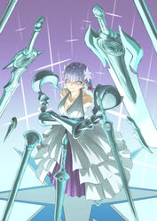  amputee armless_amputee armor bare_shoulders beruu breasts cleavage collarbone commentary cross-shaped_pupils crossed_arms dagger double_amputee dress female floating floating_object floating_weapon flower grey_hair hair_flower hair_ornament highres knife levitation long_hair looking_at_viewer magic medium_breasts multiple_weapons purple_eyes ragna_crimson rayman_limbs sleeveless sleeveless_dress smile solo sparkle standing starlia_lese sword symbol-shaped_pupils telekinesis weapon white_dress 