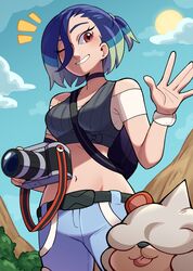  absurdres bare_shoulders belt black_bow black_choker blue_hair blue_sky bow breasts camera choker cloud crop_top denim english_commentary eyelashes female from_below green_hair highres hisuian_growlithe holding holding_camera jeans maejpg_. midriff multicolored_hair navel one_eye_closed pants perrin_(pokemon) pokemon pokemon_(creature) pokemon_sv red_eyes shirt short_hair sky sleeveless sleeveless_shirt smile sun teeth tongue tongue_out 