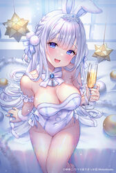  :d alcohol animal_ears arm_support bare_shoulders blue_eyes blue_nails blush bow braid breasts champagne champagne_flute commentary_request cup drinking_glass female fishnet_pantyhose fishnets fur-trimmed_leotard fur_trim grey_hair hair_between_eyes holding holding_cup leotard nail_polish original pantyhose playboy_bunny rabbit_ears smile solo strapless strapless_leotard white_bow white_leotard white_pantyhose yuyuko_(yuyucocco) 