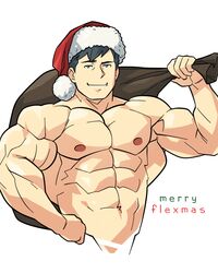  1boy abs bara christmas cropped_torso flexing_pectorals hat large_pectorals looking_at_viewer male_focus merry_christmas muscular muscular_male navel nipples nude original pectorals pun red_hat sack santa_costume santa_hat short_hair smile solo stomach thick_eyebrows zephleit 