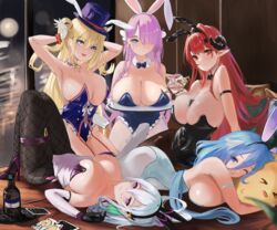  &gt;_&lt; 5girls absurdres animal_ears armpits azur_lane bare_shoulders between_breasts bird black_horns black_leotard black_pantyhose blonde_hair blue_hair blue_headwear blue_leotard breasts breasts_on_tray butterfly_hair_ornament card card_between_breasts chick chunchilin cleavage collar constellation_(azur_lane) constellation_(galaxy&#039;s_finest)_(azur_lane) covered_navel cup curled_horns detached_collar drinking_glass eight_of_hearts fake_animal_ears green_eyes guam_(azur_lane) guam_(stage-setting_charmer)_(azur_lane) hair_between_eyes hair_ornament hair_over_one_eye hat high_heels highres hindenburg_(azur_lane) hindenburg_(delirious_duel)_(azur_lane) holding holding_tray horns kearsarge_(all_night_charge)_(azur_lane) kearsarge_(azur_lane) large_breasts leotard long_bangs long_hair looking_at_viewer louisville_(an_order_of_dreams)_(azur_lane) louisville_(azur_lane) lying manjuu_(azur_lane) multiple_girls official_alternate_costume on_back on_stomach pantyhose pink_hair playboy_bunny playing_card pointy_ears purple_eyes purple_footwear rabbit_ears red_eyes red_hair seven_of_spades thigh_strap top_hat tray white_collar white_hair white_pantyhose wine_glass 