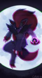  2023 action_pose ambiguous_gender anthro blue_eyes claws coffeefly finger_claws full_moon fur generation_5_pokemon green_eyes grey_body grey_fur hair hi_res moon nintendo pokemon pokemon_(species) pose red_hair shaded signature solo toe_claws zoroark 